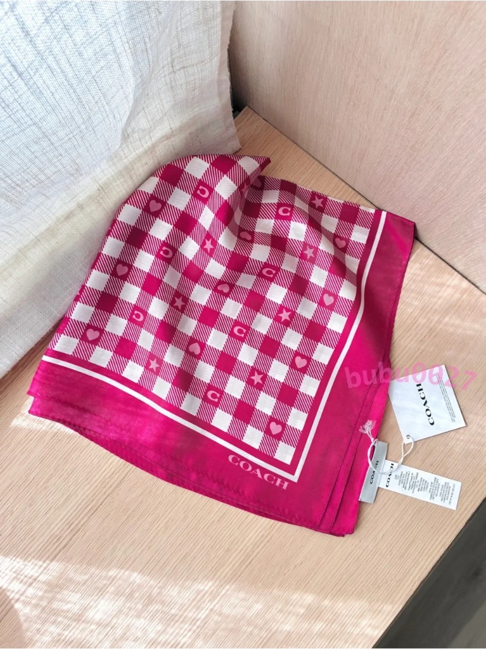 NWT💕Coach Pink Gingham Play Printed Silk Bandana Square Scarf Gift Bag Accessory